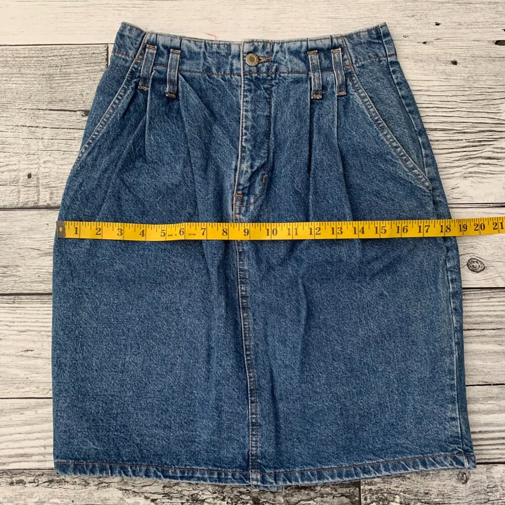 Vintage 80s 90s Hollywood Stonewash Denim Pleated Jean Pencil Skirt - Picture 10 of 12